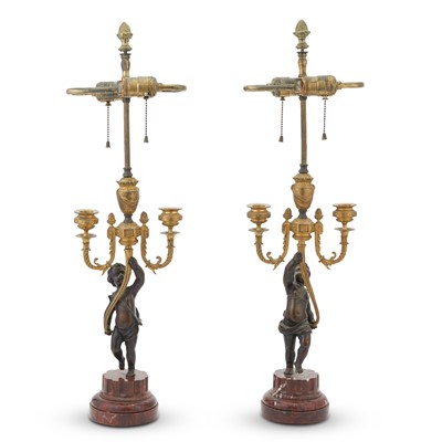 Lot 390 - Pair of Empire Style Gilt-Bronze Six-Light Candelabra Mounted as Lamps