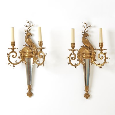 Lot 244 - Pair of Baguès Style Two-Light Brass and Glass Wall Sconces