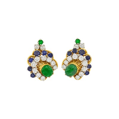 Lot 95 - Pair of Gold, Platinum, Diamond, Cabochon Emerald and Sapphire Earrings, France