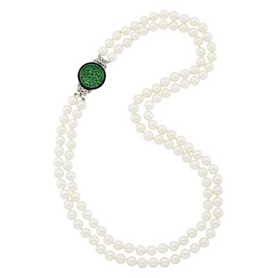 Lot 56 - Long Double Strand Cultured Pearl, Platinum, White Gold, Carved Jade, Diamond and Black Enamel Necklace