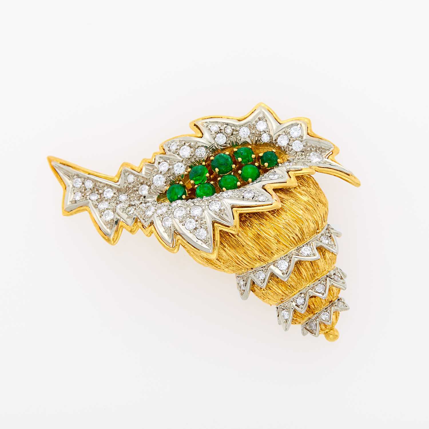 Lot 2036 - Two-Color Gold, Diamond and Cabochon Emerald Shell Brooch