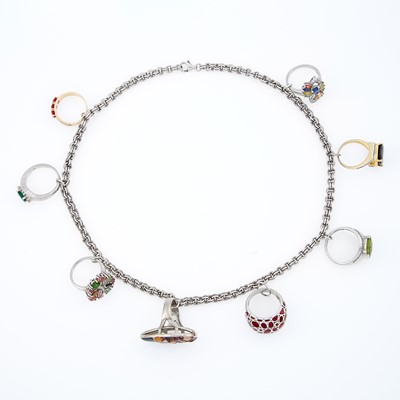 Lot 2287 - Silver, Low Karat Gold and Colored Stone Chain Charm Ring Necklace