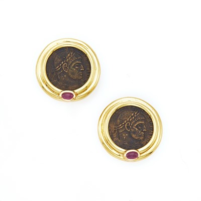 Lot 2048 - Pair of Gold, Ancient Coin and Cabochon Ruby Earrings