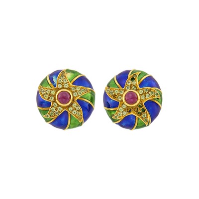Lot 91 - Pair of Gold, Cabochon Ruby, Peridot and Enamel Earclips
