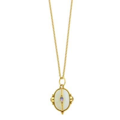 Lot 5 - Temple St. Clair Gold, Chalcedony, Moonstone and Diamond Pendant with Long Gold Chain Necklace