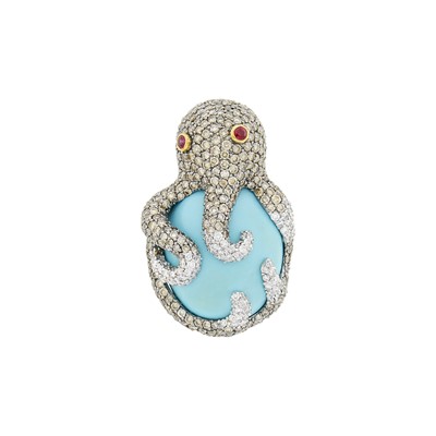Lot 123 - Blackened Gold, Gold, Turquoise, Colored Diamond, Diamond and Ruby Octopus Clip-Brooch