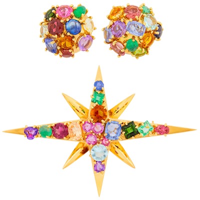 Lot 29 - Gold and Colored Stone Star Brooch and Pair of Dome Earclips