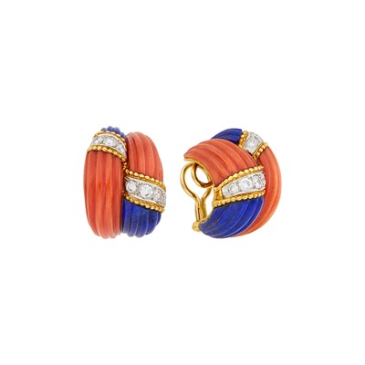 Lot 43 - Cartier Pair of Two-Color Gold, Carved Coral and Lapis and Diamond Bombé Earclips
