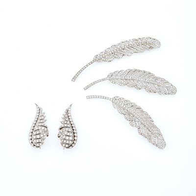 Lot 2211 - Three White Gold and Diamond Feather Brooches and Pair of Platinum and Diamond Wing Earclips