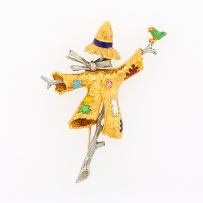 Lot 2029 - Two-Color Gold and Enamel Scarecrow Brooch