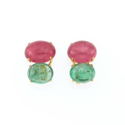 Lot 2076 - Pair of Gold, Cabochon Pink Tourmaline and Emerald Earclips