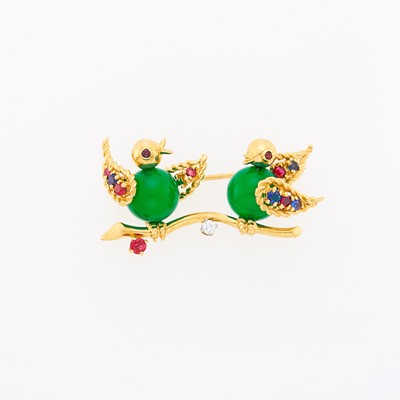 Lot 2006 - Gold, Green Onyx Bead, Colored Stone and Diamond Love Bird Brooch