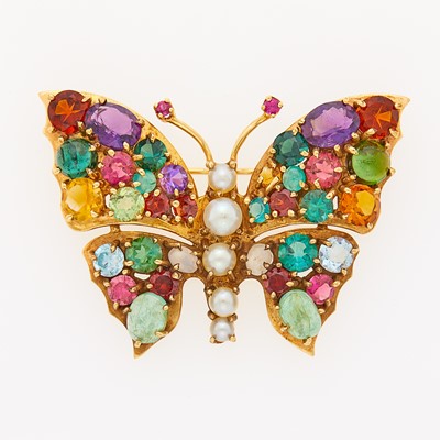 Lot 2071 - Gold, Colored Stone and Cultured Pearl Butterfly Brooch