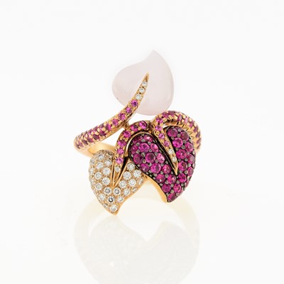Lot 2075 - Gold, Rose Quartz, Pink Sapphire and Diamond Leaf Ring