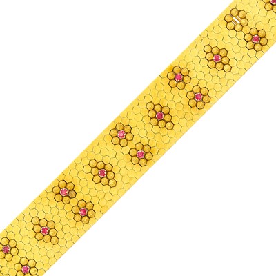 Lot 1085 - Bucherer Wide Gold and Ruby Honeycomb Link Bracelet