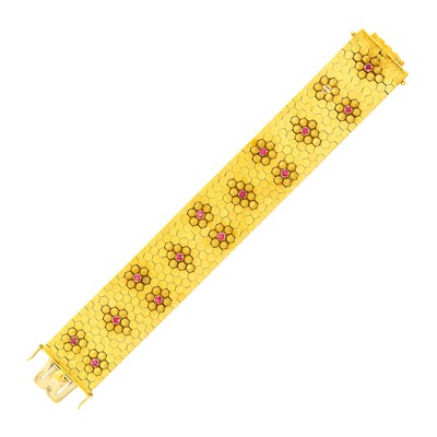 Lot 1085 - Bucherer Wide Gold and Ruby Honeycomb Link Bracelet