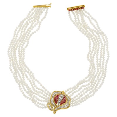 Lot 2038 - Emis Beros Seven Strand Freshwater Pearl Necklace with Two-Color Gold, Diamond and Ruby Flower Clasp