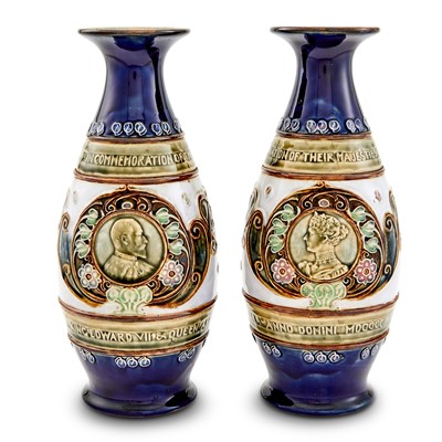 Lot 328 - Pair of Doulton Lambeth Glazed Stoneware Commemorative Vases