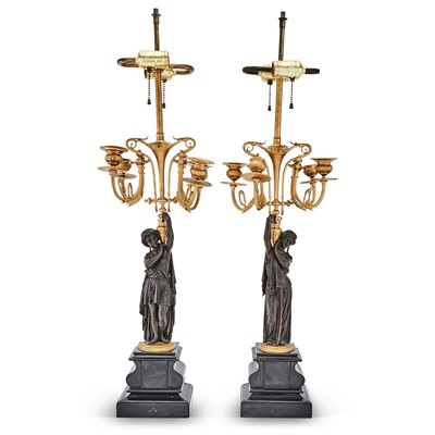 Lot 339 - Pair of Empire Style Gilt and Patinated Bronze Four-Light Candelabra Mounted as Lamps