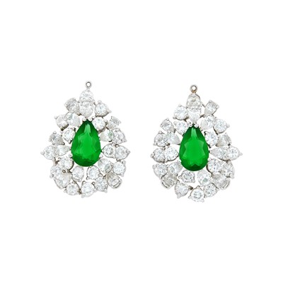 Lot 1063 - Pair of Platinum, Simulated Emerald and Diamond Ear Pendants