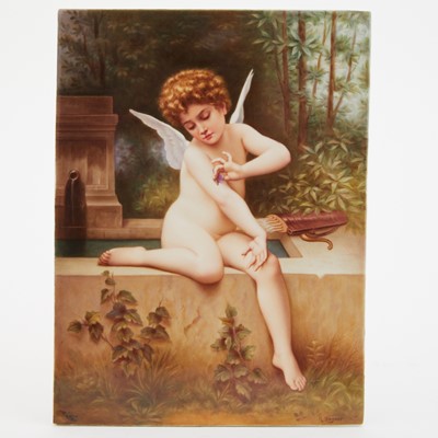 Lot 239 - KPM Painted Porcelain Plaque Entitled "Amor mit Schmetterling" (Cupid with a Butterfly)