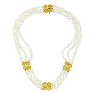 Lot 1206 - Tiffany & Co. Triple Strand Cultured Pearl, Gold and Diamond 'Tiffany Classics Dogwood' Necklace