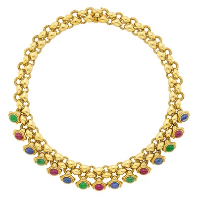 Lot 1203 - Gold, Cabochon Colored Stone and Diamond Fringe Necklace
