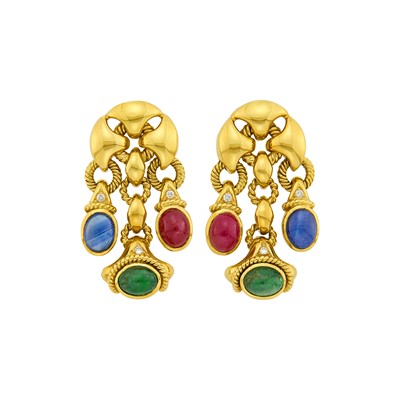 Lot 1202 - Pair of Gold and Cabochon Colored Stone Fringe Earclips
