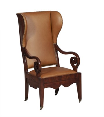 Lot 305 - North European Leather Upholstered Mahogany Wing Chair