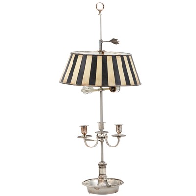 Lot 301 - Louis XVI Style Silvered Plate Three Light Bouillotte Lamp