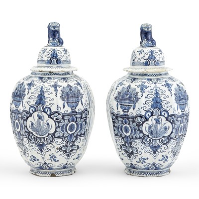 Lot 300 - Pair of Delft Blue and White Hexagonal Vases and Covers