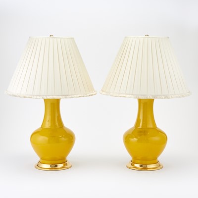 Lot 319 - Pair of Chinese Style Yellow Ground Porcelain Vases as Lamps