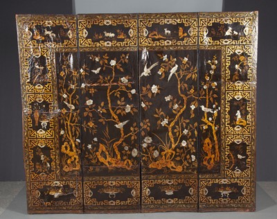 Lot 213 - Chinoiserie Decorated Parcel Gilt Leather Four-Fold Screen