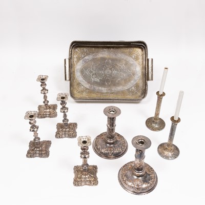 Lot 289 - Silver Plated Two-Handled Gallery Tray and Four Pairs of Silver Plated Candlesticks