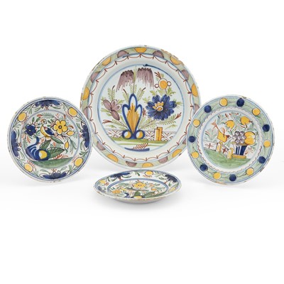 Lot 342 - Dutch Delft Polychrome Charger and Three Plates