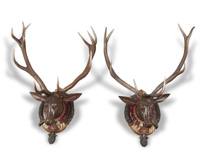 Lot 351 - Pair of Continental Painted Wood Stag's Heads