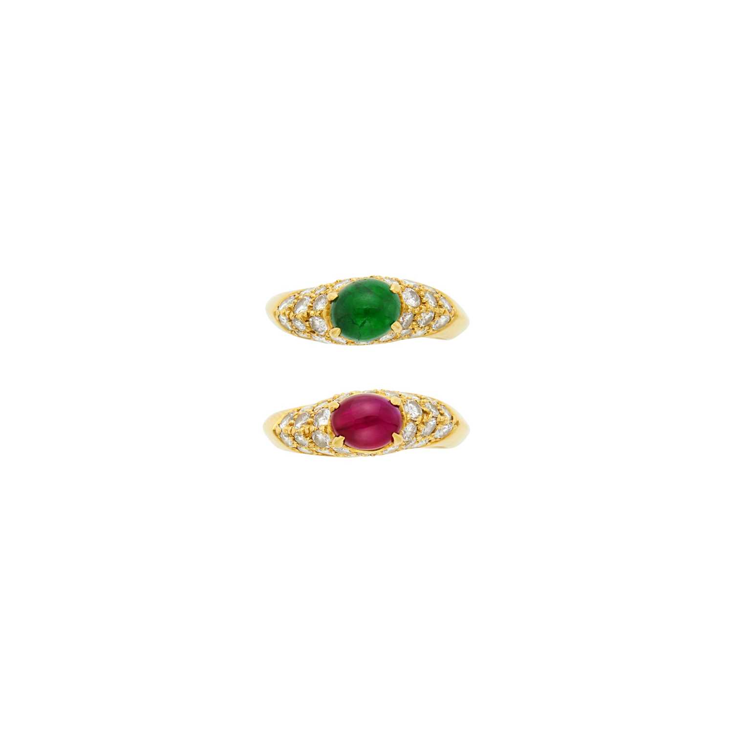 Lot 1005 - Van Cleef & Arpels Pair of Gold, Cabochon Colored Stone and Diamond Rings