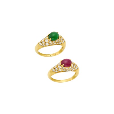Lot 1005 - Van Cleef & Arpels Pair of Gold, Cabochon Colored Stone and Diamond Rings