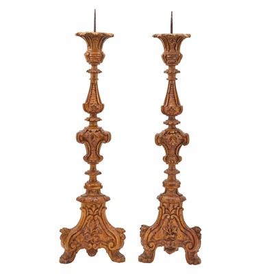 Lot 271 - Pair of Italian Baroque Carved Wood Pricket Candlesticks