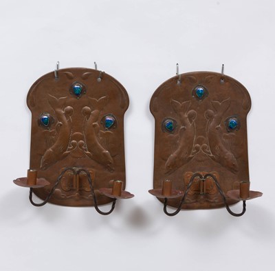 Lot 518 - Pair of Arts & Crafts Copper and Enamel Two-Light Sconces