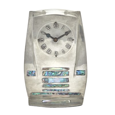 Lot 243 - Archibald Knox for Liberty & Co. Pewter and Abalone Tudric Pattern Desk Clock