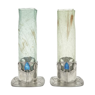Lot 250 - Pair of Archibald Knox for Liberty & Co. Pewter, Enamel and Glass Tudric Pattern Vases