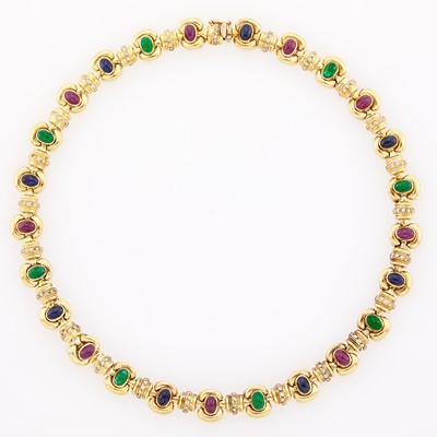 Lot 2251 - Gold, Cabochon Ruby, Sapphire and Emerald and Diamond Necklace