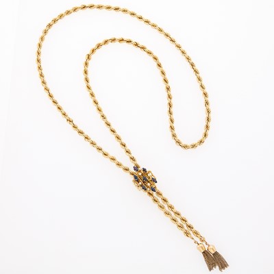 Lot 2262 - Rope-Twist Gold, Sapphire and Diamond Lariat Necklace