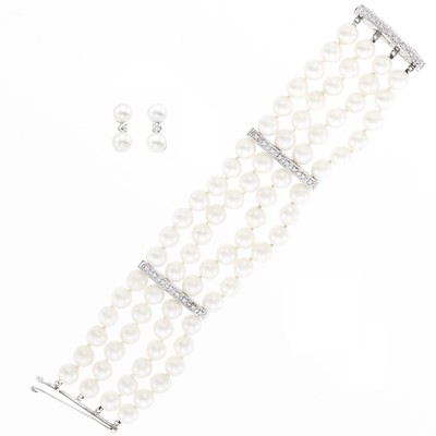 Lot 2221 - Four Strand White Gold, Cultured Pearl and Diamond Bracelet and Pair of Earrings