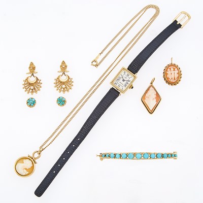 Lot 2256 - Group of Gold, Metal, Turquoise and Cameo Jewelry