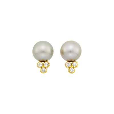 Lot 1033 - Pair of Gold, Tahitian Gray Cultured Pearl and Diamond Earclips