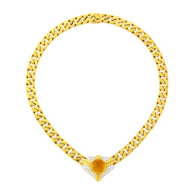 Lot 1002 - Gold, Cabochon Citrine and Diamond Curb Link Necklace with Interchangeable Inserts