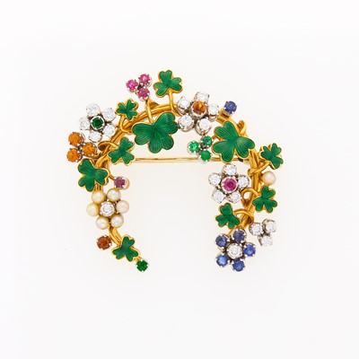 Lot 2018 - Two-Color Gold, Enamel, Diamond, Seed Pearl and Colored Stone Wreath Brooch