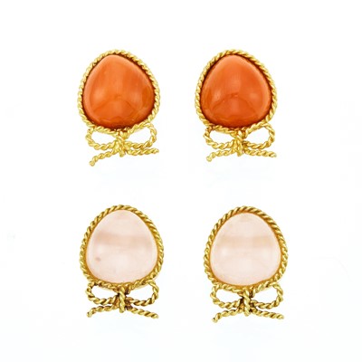 Lot 2255 - Two Pairs of Gold, Coral and Pink Chalcedony Earclips